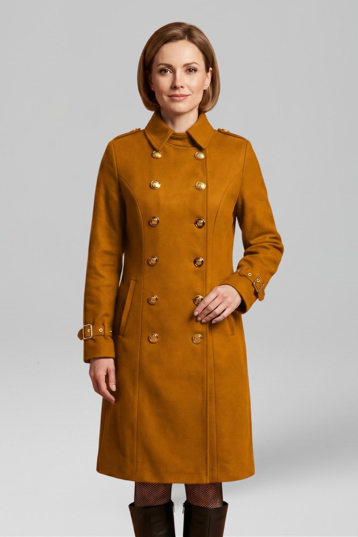 Black women’s long coat with double-breasted buttons and long sleeves by THE WHITMORE FAMILY