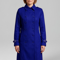 Women's long black coat by THE WHITMORE FAMILY with double-breasted buttons and long sleeves, stylish and warm outerwear.