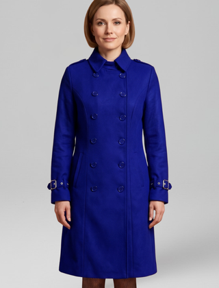 Women's long black coat by THE WHITMORE FAMILY with double-breasted buttons and long sleeves, stylish and warm outerwear.