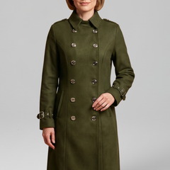 Women’s long coat by THE WHITMORE FAMILY with double-breasted buttons and long sleeves, in black, stylish and warm outerwear.