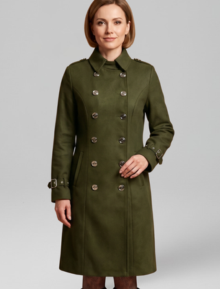 Women’s long coat by THE WHITMORE FAMILY with double-breasted buttons and long sleeves, in black, stylish and warm outerwear.