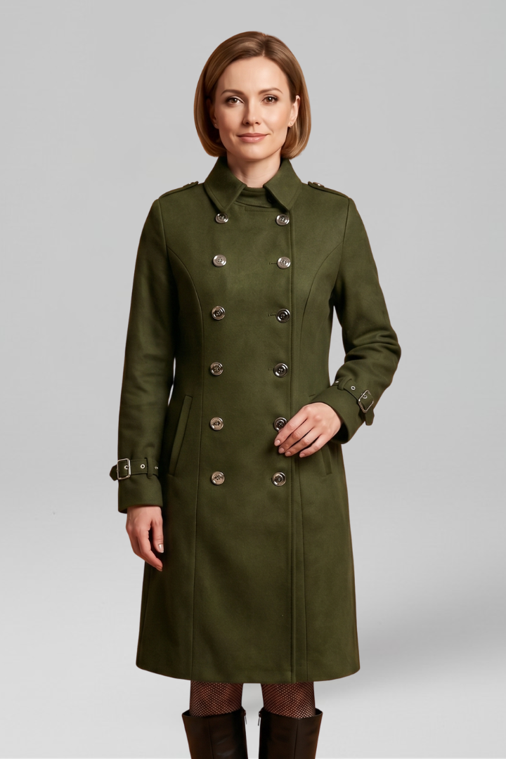Women’s long coat by THE WHITMORE FAMILY with double-breasted buttons and long sleeves, in black, stylish and warm outerwear.