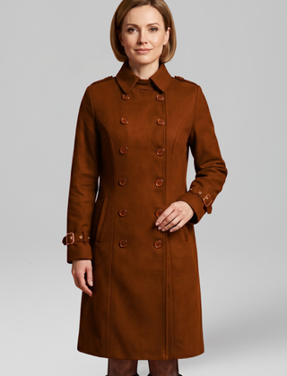 Women's long black coat by THE WHITMORE FAMILY with double-breasted buttons and long sleeves, stylish winter outerwear.