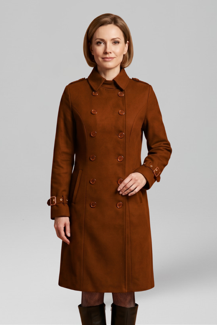 Women's long black coat by THE WHITMORE FAMILY with double-breasted buttons and long sleeves, stylish winter outerwear.
