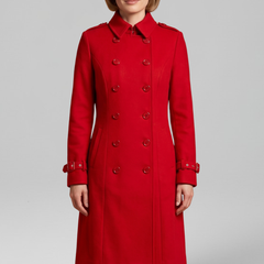 Black women’s long coat with double-breasted buttons and long sleeves by THE WHITMORE FAMILY, stylish and warm outerwear.