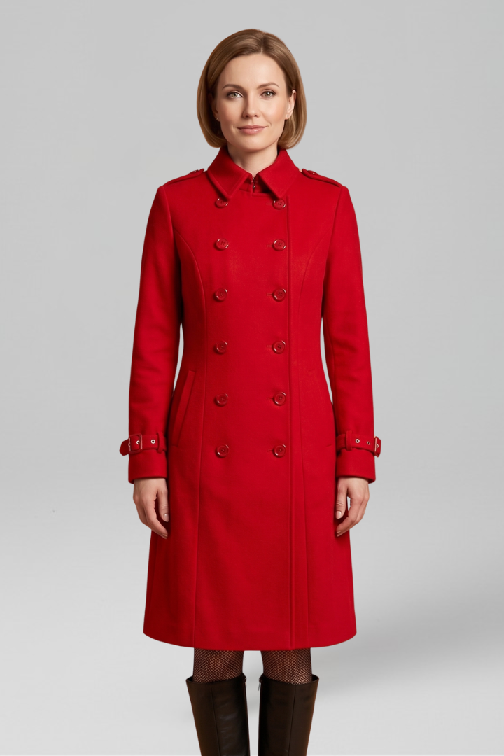 Black women’s long coat with double-breasted buttons and long sleeves by THE WHITMORE FAMILY, stylish and warm outerwear.