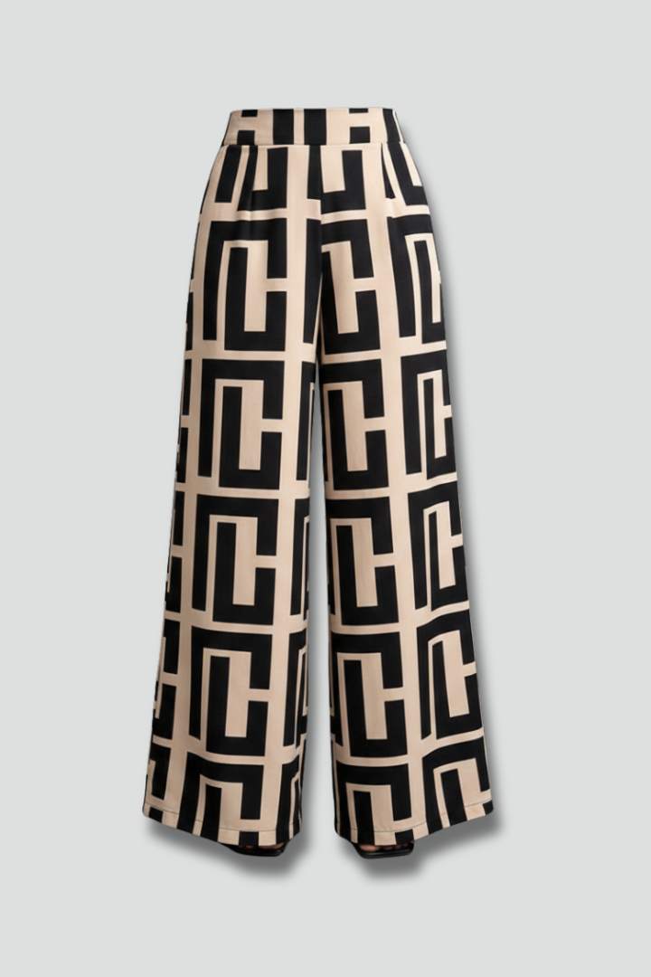 Women’s Palazzo Trousers with graphic print and wide legs by THE WHITMORE FAMILY, dark brown color, stylish and comfortable.