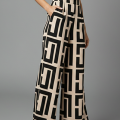 Women’s Palazzo Trousers by THE WHITMORE FAMILY featuring dark brown color, graphic print, and wide-leg design.