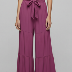 Women’s Palazzo Trousers with drawstring waist and tiered legs, stylish and comfortable for casual or dressy wear.