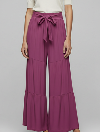 Women’s Palazzo Trousers with drawstring waist and tiered legs, stylish and comfortable for casual or dressy wear.