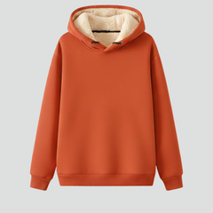 Women’s hoodie pullover by THE WHITMORE FAMILY with sherpa lining and ribbed cuffs, cozy and stylish for cold weather.