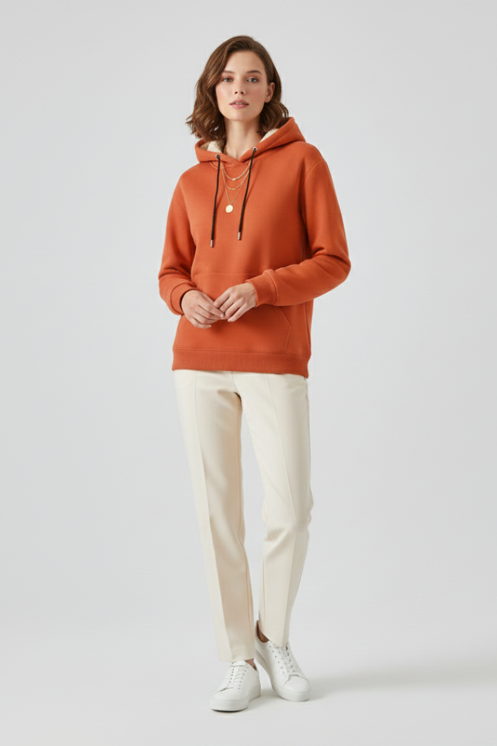 Women’s hoodie sweater with sherpa lining and ribbed cuffs, casual pullover by THE WHITMORE FAMILY, cozy and stylish.