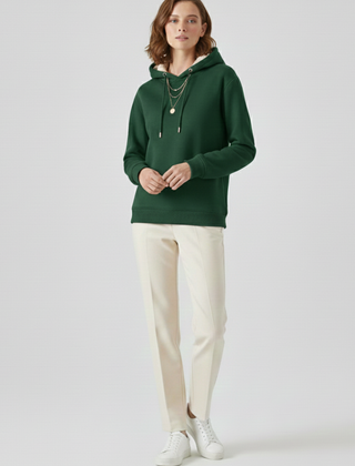 Women's hoodie pullover by THE WHITMORE FAMILY with sherpa lining and ribbed cuffs, cozy and stylish winter sweater.