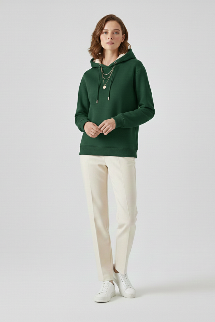Women's hoodie pullover by THE WHITMORE FAMILY with sherpa lining and ribbed cuffs, cozy and stylish winter sweater.