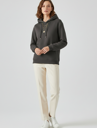 Women's hoodie pullover by THE WHITMORE FAMILY with sherpa lining and ribbed cuffs, featuring a cozy and stylish design.