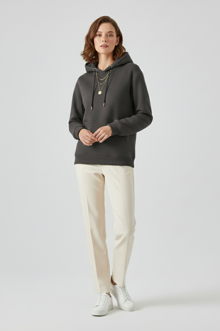 Women's hoodie pullover by THE WHITMORE FAMILY with sherpa lining and ribbed cuffs, featuring a cozy and stylish design.