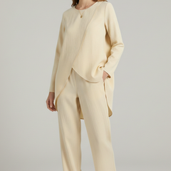 Women’s shirt and trousers set by THE WHITMORE FAMILY, long sleeves with straight-leg design, casual and stylish outfit.