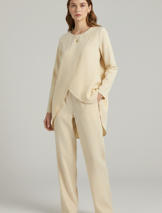 Women’s shirt and trousers set by THE WHITMORE FAMILY, long sleeves with straight-leg design, casual and stylish outfit.