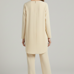Women’s shirt and trousers set by THE WHITMORE FAMILY, long sleeves and straight-leg design, casual stylish outfit for women.