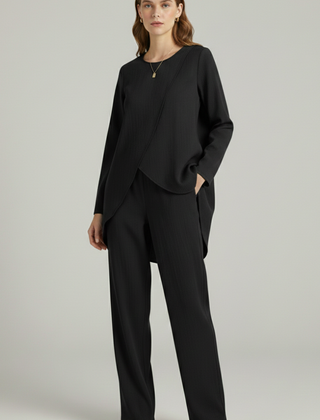 Women’s shirt and trousers set by THE WHITMORE FAMILY, long sleeves and straight-leg design, stylish and comfortable outfit.