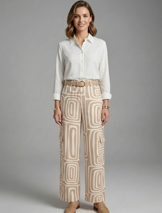 Women’s shirt and trousers set by THE WHITMORE FAMILY, featuring button closure and straight-leg design, casual and stylish for women.
