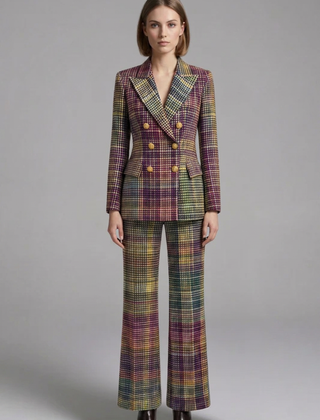 Women’s suit set by THE WHITMORE FAMILY featuring a double-breasted blazer and wide-leg trousers, styled for a polished professional look.