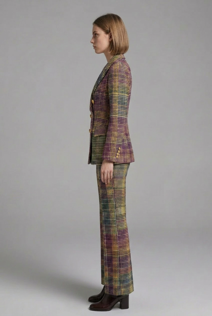 Women’s suit set featuring a double-breasted blazer and wide-leg trousers by THE WHITMORE FAMILY, shown in a stylish professional look.