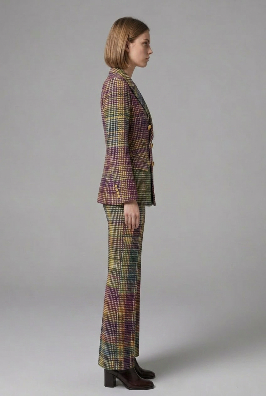 Women’s suit set featuring a double-breasted blazer and wide-leg trousers by THE WHITMORE FAMILY, shown on a model.