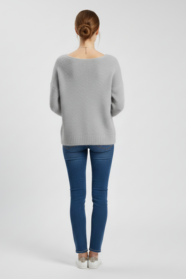 Women’s sweater with wide neckline and brushed knit surface, soft and cozy, by THE WHITMORE FAMILY.