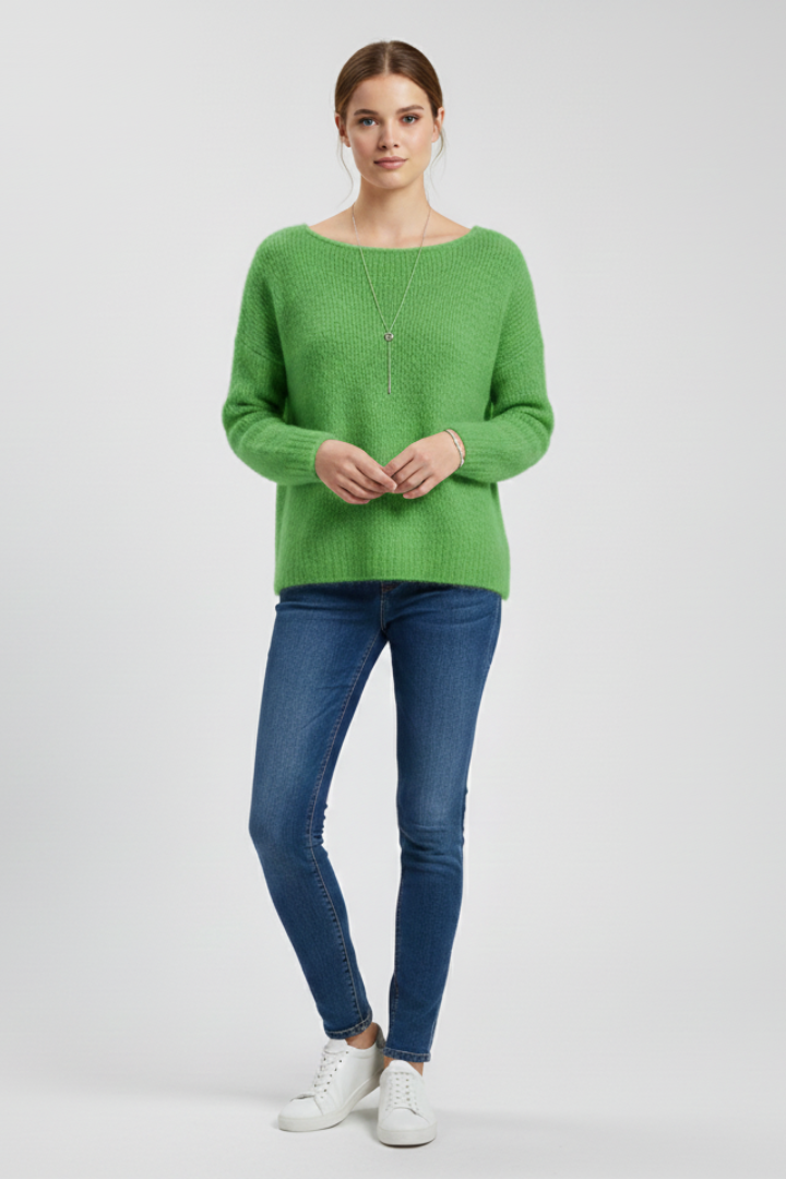 Women’s sweater with wide neckline and brushed knit surface, stylish and cozy, by THE WHITMORE FAMILY.