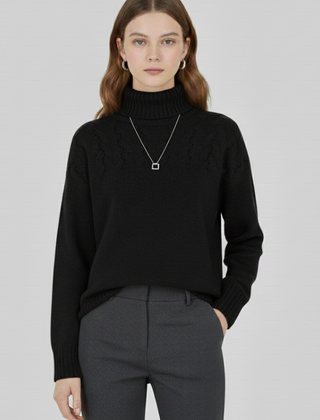 Women’s sweater with turtleneck and textured cable pattern, from THE WHITMORE FAMILY, showing cozy knit fabric and stylish design.
