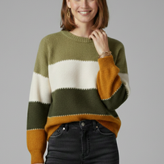 Women's striped knit sweater with round neck and ribbed trim, featuring cozy, classic design from THE WHITMORE FAMILY.
