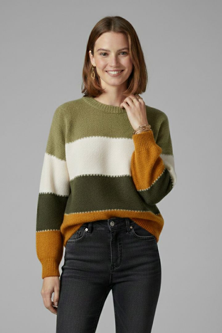Women's striped knit sweater with round neck and ribbed trim, featuring cozy, classic design from THE WHITMORE FAMILY.