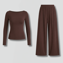 Women’s relaxed fit top and trousers set with long sleeves, from THE WHITMORE FAMILY, styled for casual comfort.