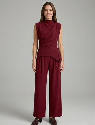 Women’s top and trousers set with round neck and straight legs from THE WHITMORE FAMILY, shown in a stylish, coordinated outfit.