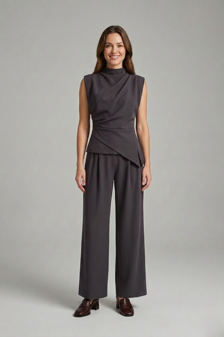 Women’s top and trousers set with round neck and straight legs, stylish women's clothing by THE WHITMORE FAMILY.