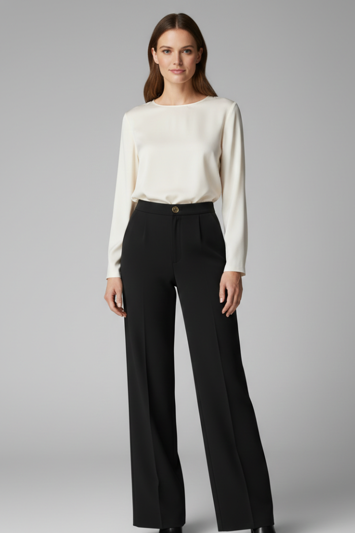Women’s high-waist palazzo trousers with wide legs by THE WHITMORE FAMILY, shown in a stylish and comfortable fit.