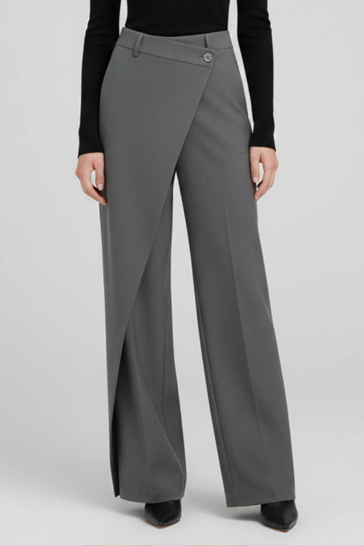 Women's trousers with asymmetric front design and straight legs by THE WHITMORE FAMILY, shown in a stylish, tailored fit.