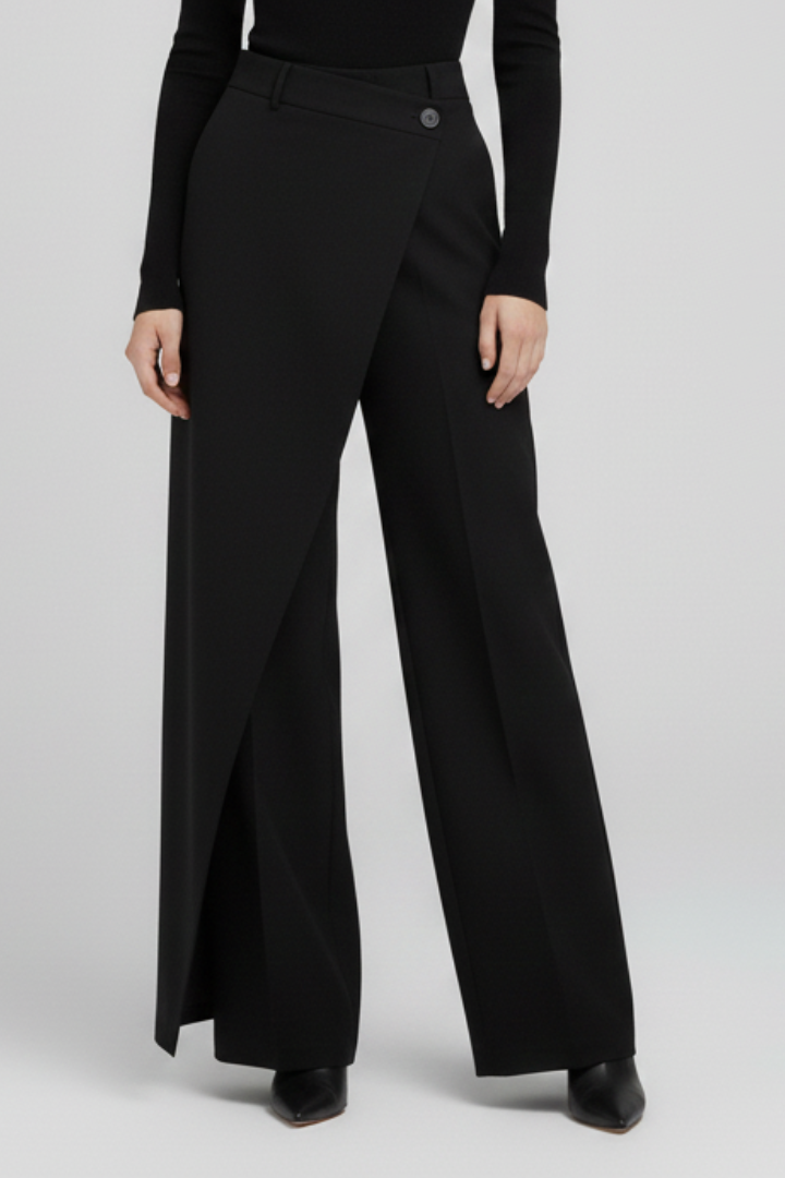 Women’s trousers with asymmetric front and straight legs by THE WHITMORE FAMILY, shown in a stylish, tailored fit.