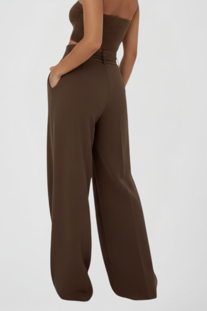 Women’s wide leg trousers with tie waist and high rise, stylish women's trousers by THE WHITMORE FAMILY, shown in natural fabric.