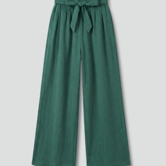 Women's green trousers with elastic waist and tie belt by THE WHITMORE FAMILY, featuring a relaxed fit and stylish design.