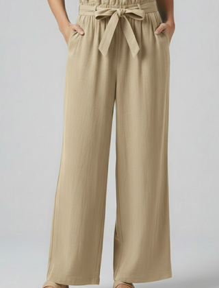 Women’s green trousers with elastic waist and tie belt from THE WHITMORE FAMILY, casual and comfortable fit