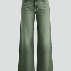 Women’s green wide-leg jeans with high-rise waist and front closure, from THE WHITMORE FAMILY, casual women’s trousers.