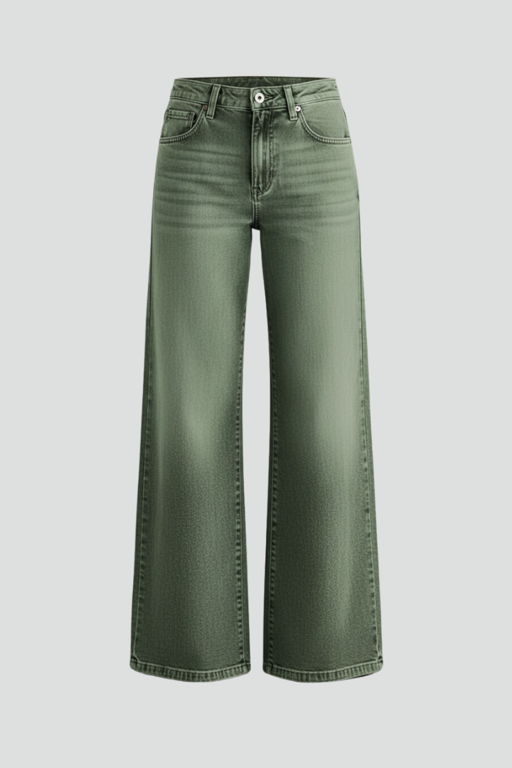 Women’s green wide-leg jeans with high-rise waist and front closure, from THE WHITMORE FAMILY, casual women’s trousers.