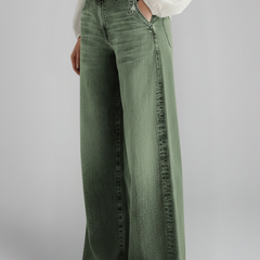 Women's green wide-leg jeans with high-rise waist and front closure, casual trousers from THE WHITMORE FAMILY.