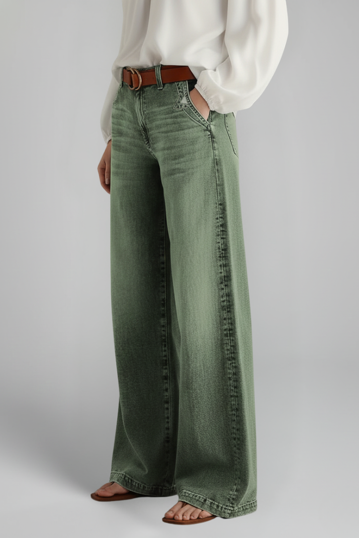 Women's green wide-leg jeans with high-rise waist and front closure, casual trousers from THE WHITMORE FAMILY.