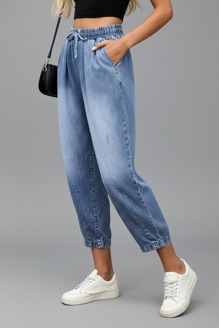 Women’s cropped trousers with drawstring waist and pleats, stylish women's trousers by THE WHITMORE FAMILY.