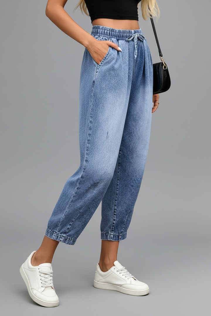 Women’s cropped trousers with drawstring waist and pleats, stylish women's trousers by THE WHITMORE FAMILY.