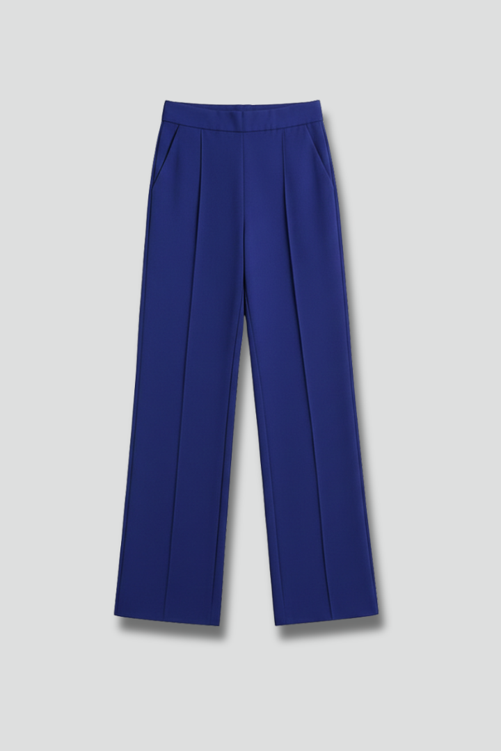 Navy blue women's palazzo trousers with high waist and pleats from THE WHITMORE FAMILY, styled with a relaxed fit.