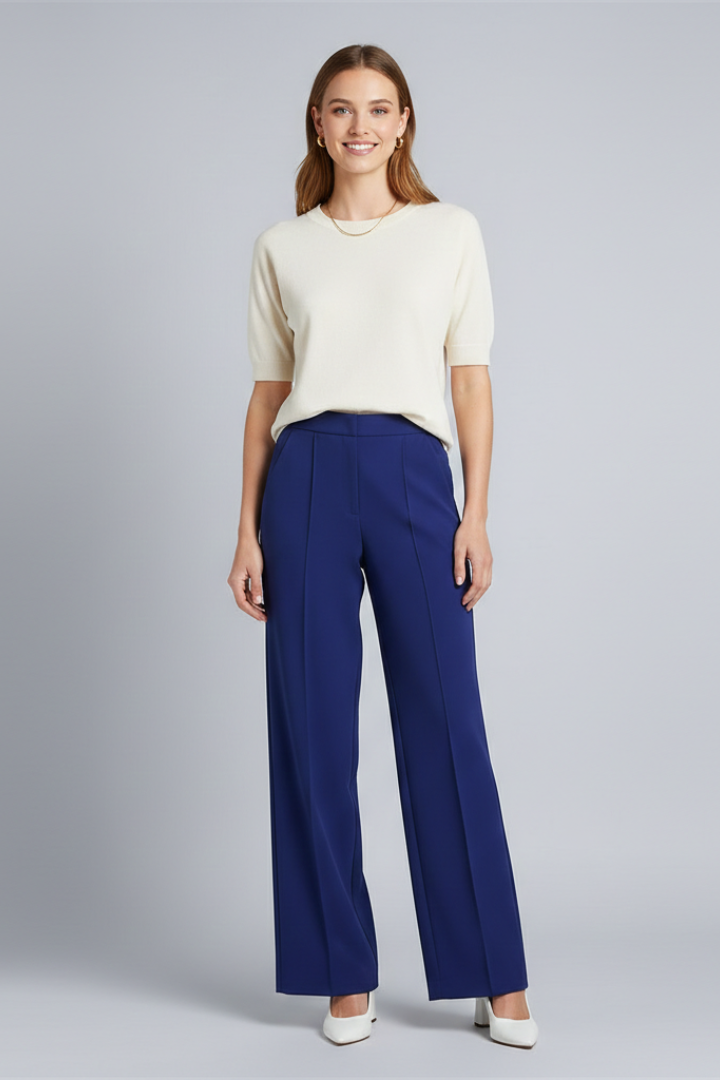 Women’s high-waist palazzo trousers with pleats from THE WHITMORE FAMILY, featuring a flowy fit and elegant design.